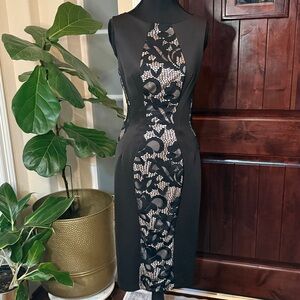 bebe Black and Beige Lace Midi Dress